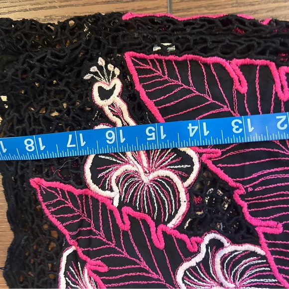 Y2K Black Lace Embroidered Floral Top Pink Leaf Sheer Cap Sleeve, Boho, Coquette - Picture 5 of 5